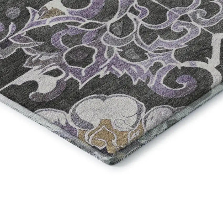 Purple Ivory And Charcoal Floral Medallion Washable Area Rug With UV Protection Photo 8