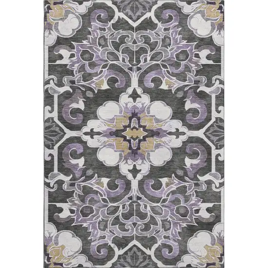 Purple Ivory And Charcoal Floral Medallion Washable Area Rug With UV Protection Photo 1
