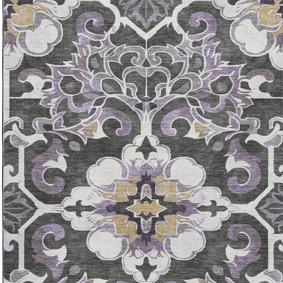 Purple Ivory And Charcoal Floral Medallion Washable Area Rug With UV Protection Photo 4
