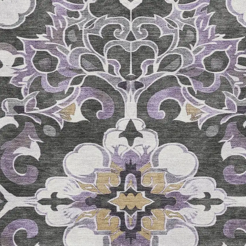 Purple Ivory And Charcoal Floral Medallion Washable Area Rug With UV Protection Photo 3