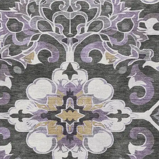 Purple Ivory And Charcoal Floral Medallion Washable Area Rug With UV Protection Photo 3