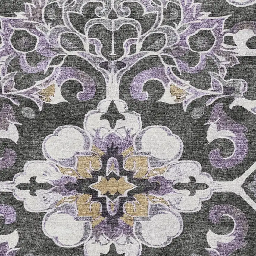 Purple Ivory And Charcoal Floral Medallion Washable Area Rug With UV Protection Photo 3