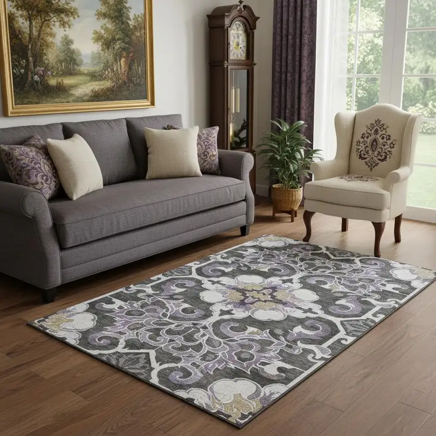 Purple Ivory And Charcoal Floral Medallion Washable Area Rug With UV Protection Photo 2