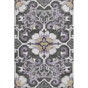 Photo of Purple Ivory And Charcoal Floral Medallion Washable Area Rug With UV Protection