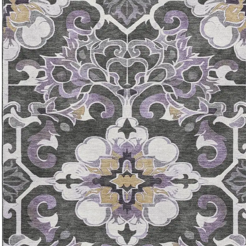Purple Ivory And Charcoal Floral Medallion Washable Area Rug With UV Protection Photo 3