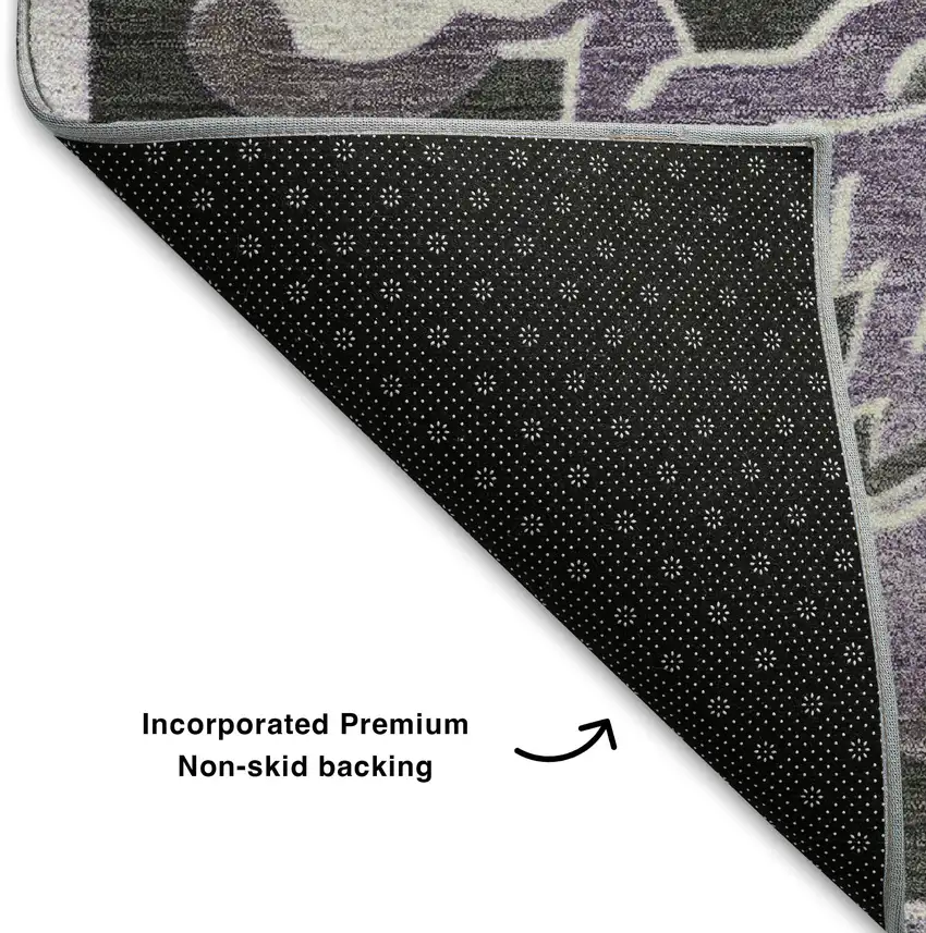 Purple Ivory And Charcoal Floral Medallion Washable Area Rug With UV Protection Photo 7