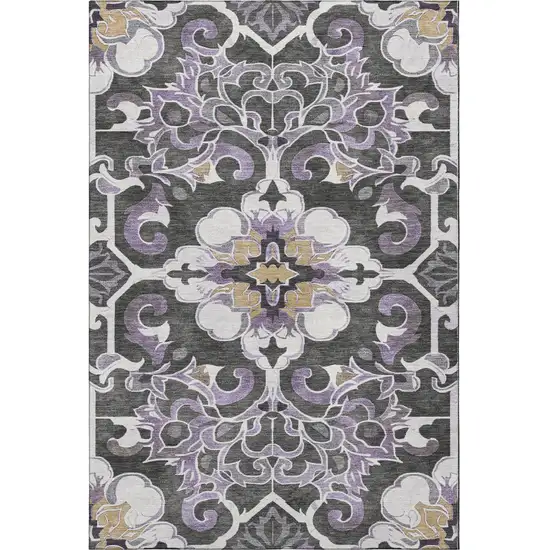 Purple Ivory And Charcoal Floral Medallion Washable Area Rug With UV Protection Photo 4