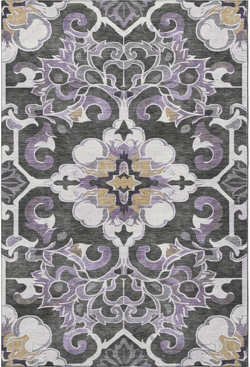 Purple Ivory And Charcoal Floral Medallion Washable Area Rug With UV Protection Photo 4