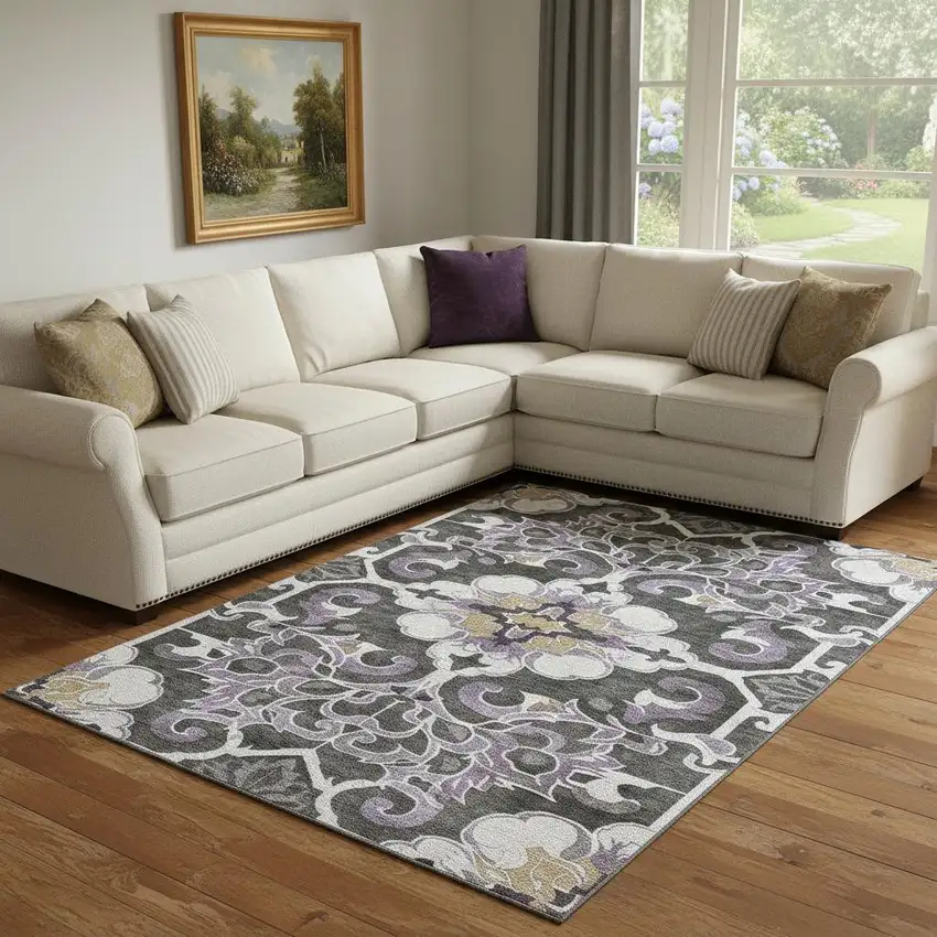 Purple Ivory And Charcoal Floral Medallion Washable Area Rug With UV Protection Photo 2