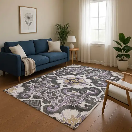 Purple Ivory And Charcoal Floral Medallion Washable Area Rug With UV Protection Photo 5