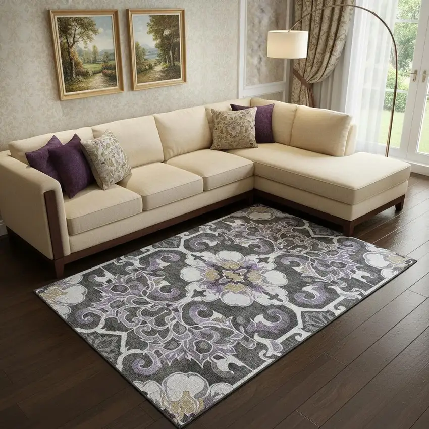 Purple Ivory And Charcoal Floral Medallion Washable Area Rug With UV Protection Photo 2
