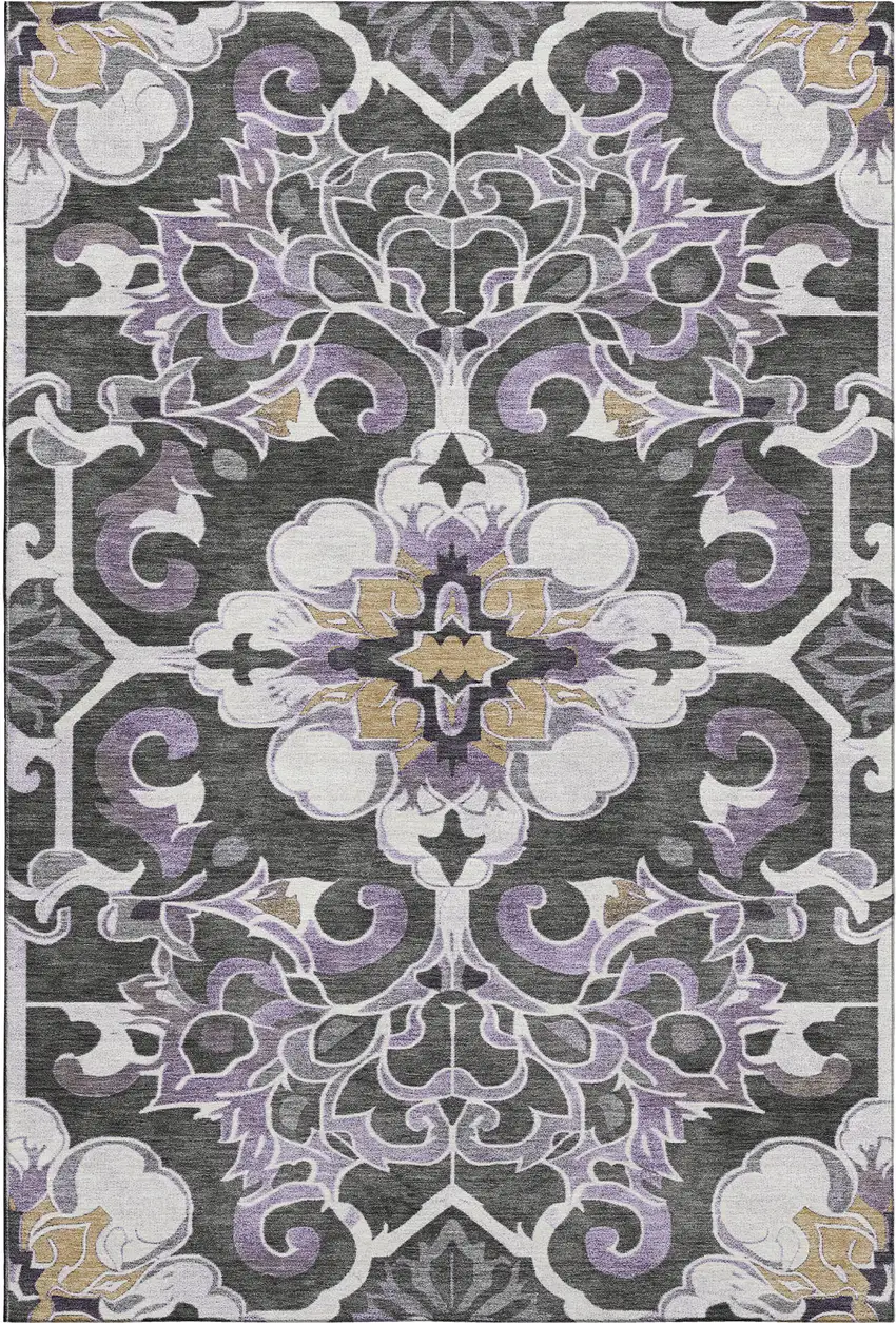 Purple Ivory And Charcoal Floral Medallion Washable Area Rug With UV Protection Photo 1