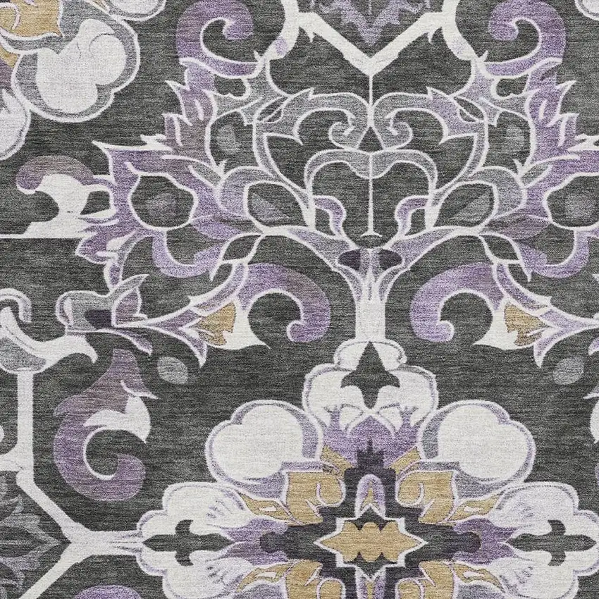 Purple Ivory And Charcoal Floral Medallion Washable Area Rug With UV Protection Photo 3
