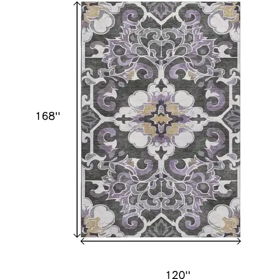 Purple Ivory And Charcoal Floral Medallion Washable Area Rug With UV Protection Photo 9