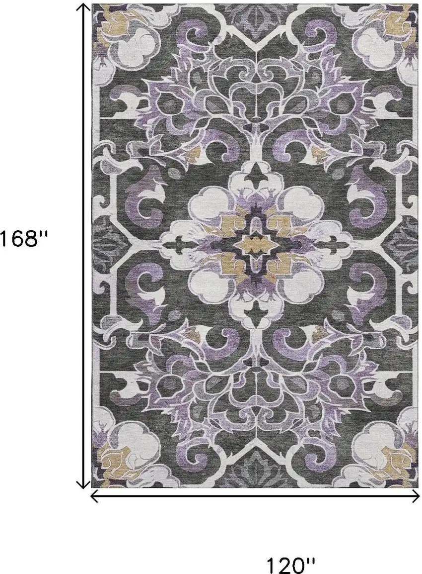 Purple Ivory And Charcoal Floral Medallion Washable Area Rug With UV Protection Photo 9