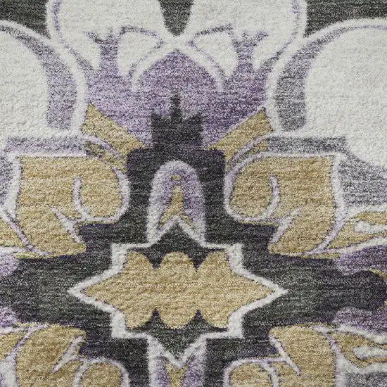 Purple Ivory And Charcoal Floral Medallion Washable Area Rug With UV Protection Photo 8