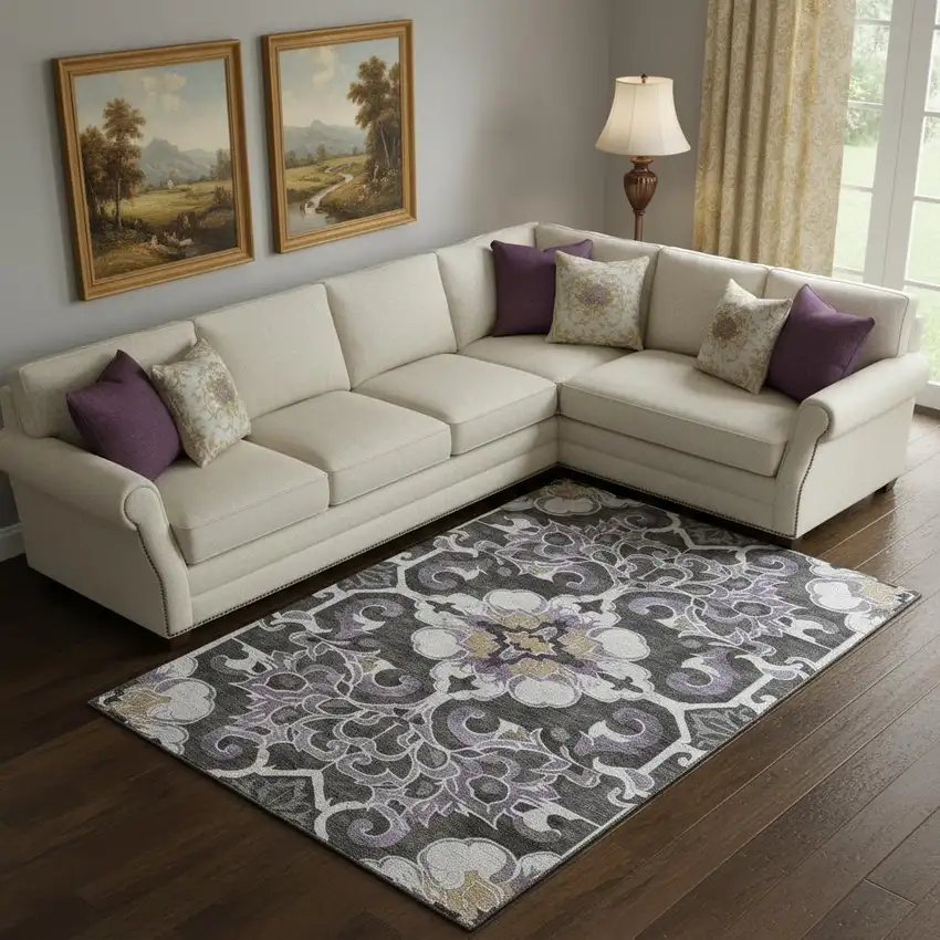 Purple Ivory And Charcoal Floral Medallion Washable Area Rug With UV Protection Photo 2