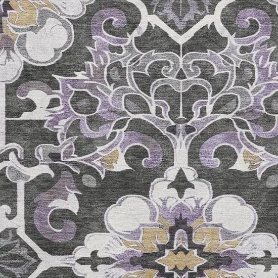 Purple Ivory And Charcoal Floral Medallion Washable Area Rug With UV Protection Photo 3