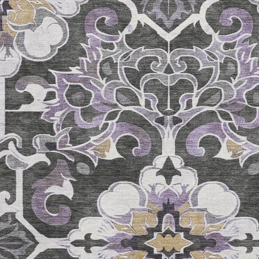Purple Ivory And Charcoal Floral Medallion Washable Area Rug With UV Protection Photo 3