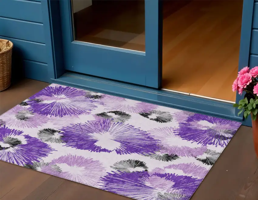 Purple Ivory And Charcoal Floral Washable Indoor Outdoor Area Rug Photo 2