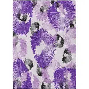 Photo of Purple Ivory And Charcoal Floral Washable Indoor Outdoor Area Rug