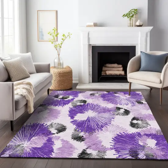 Purple Ivory And Charcoal Floral Washable Indoor Outdoor Area Rug Photo 9