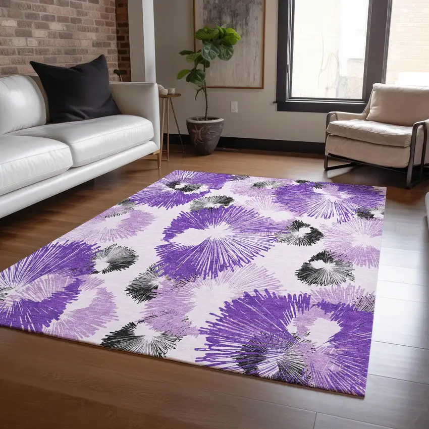 Purple Ivory And Charcoal Floral Washable Indoor Outdoor Area Rug Photo 8