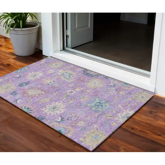 Purple Ivory And Denim Blue Floral Washable Indoor Outdoor Area Rug Photo 1