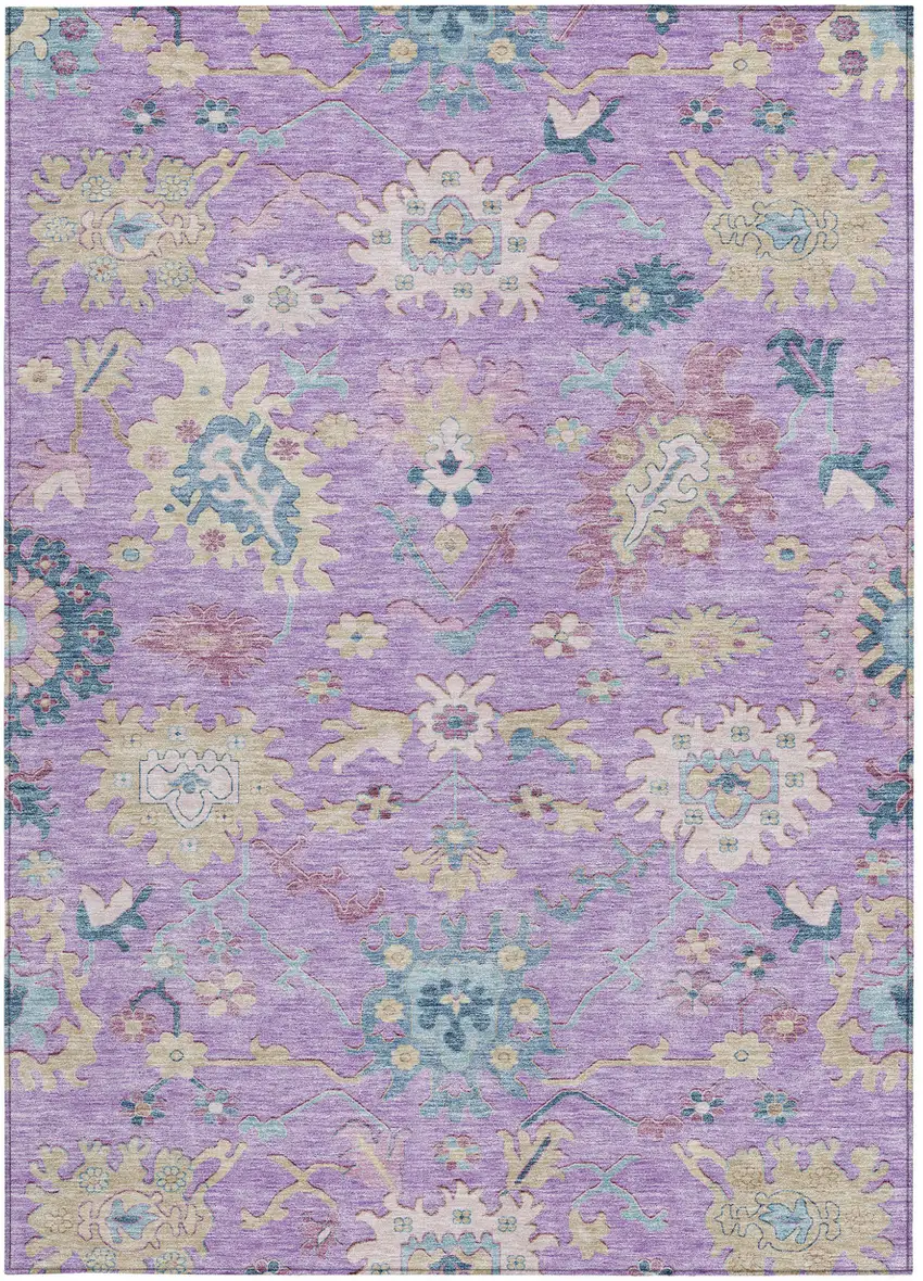 Purple Ivory And Denim Blue Floral Washable Indoor Outdoor Area Rug Photo 7