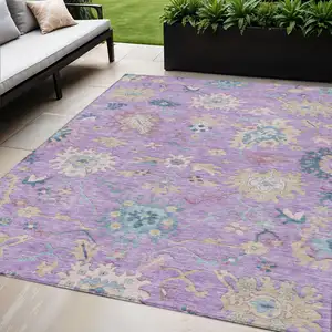 Photo of Purple Ivory And Denim Blue Floral Washable Indoor Outdoor Area Rug