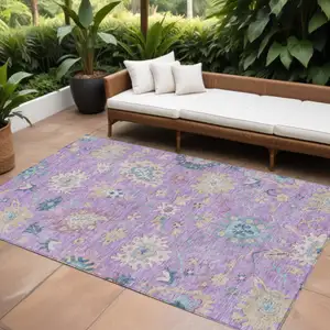 Photo of Purple Ivory And Denim Blue Floral Washable Indoor Outdoor Area Rug