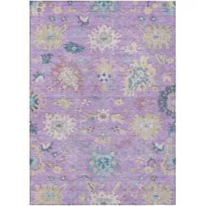 Photo of Purple Ivory And Denim Blue Floral Washable Indoor Outdoor Area Rug