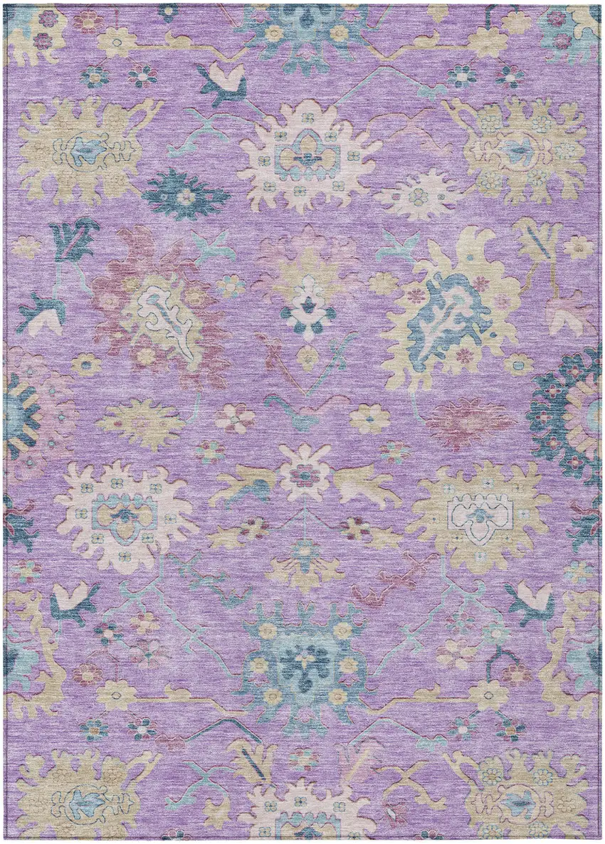 Purple Ivory And Denim Blue Floral Washable Indoor Outdoor Area Rug Photo 2