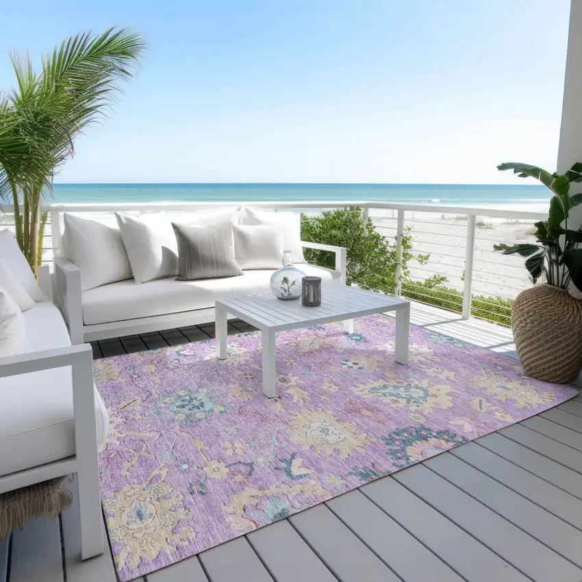 Purple Ivory And Denim Blue Floral Washable Indoor Outdoor Area Rug Photo 8