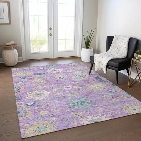 Purple Ivory And Denim Blue Floral Washable Indoor Outdoor Area Rug Photo 9