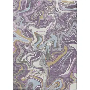 Photo of Purple Ivory And Gold Abstract Washable Indoor Outdoor Area Rug