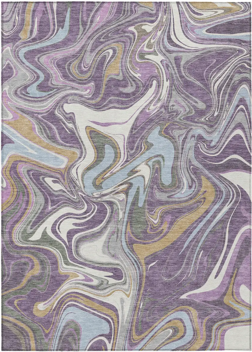 Purple Ivory And Gold Abstract Washable Indoor Outdoor Area Rug Photo 1