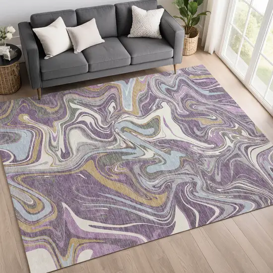 Purple Ivory And Gold Abstract Washable Indoor Outdoor Area Rug Photo 5