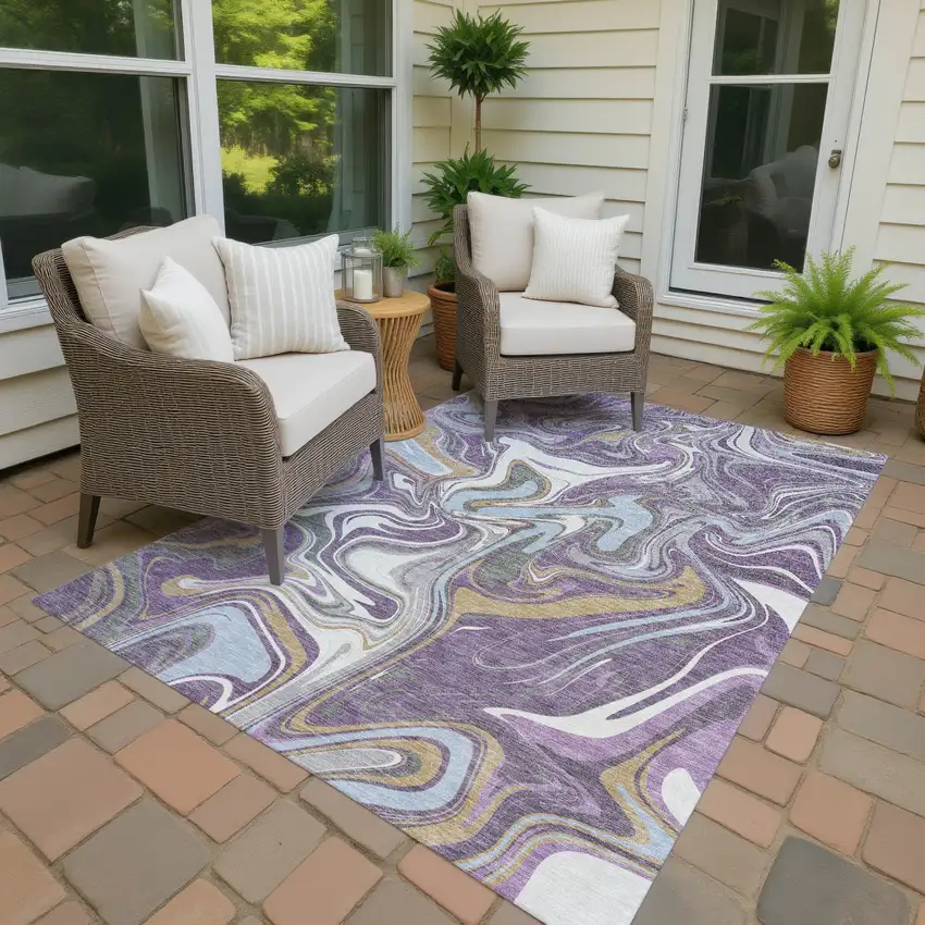 Purple Ivory And Gold Abstract Washable Indoor Outdoor Area Rug Photo 4