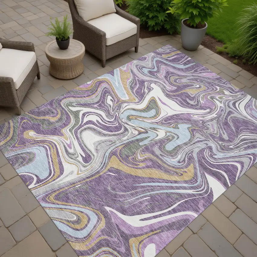 Purple Ivory And Gold Abstract Washable Indoor Outdoor Area Rug Photo 7