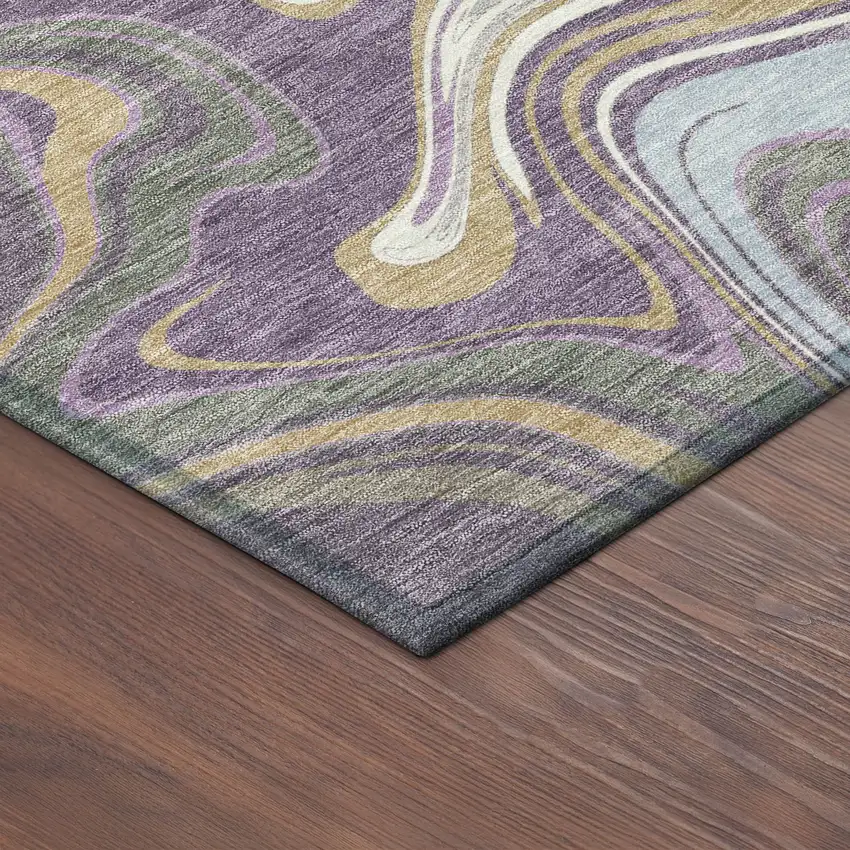 Purple Ivory And Gold Abstract Washable Indoor Outdoor Area Rug Photo 5