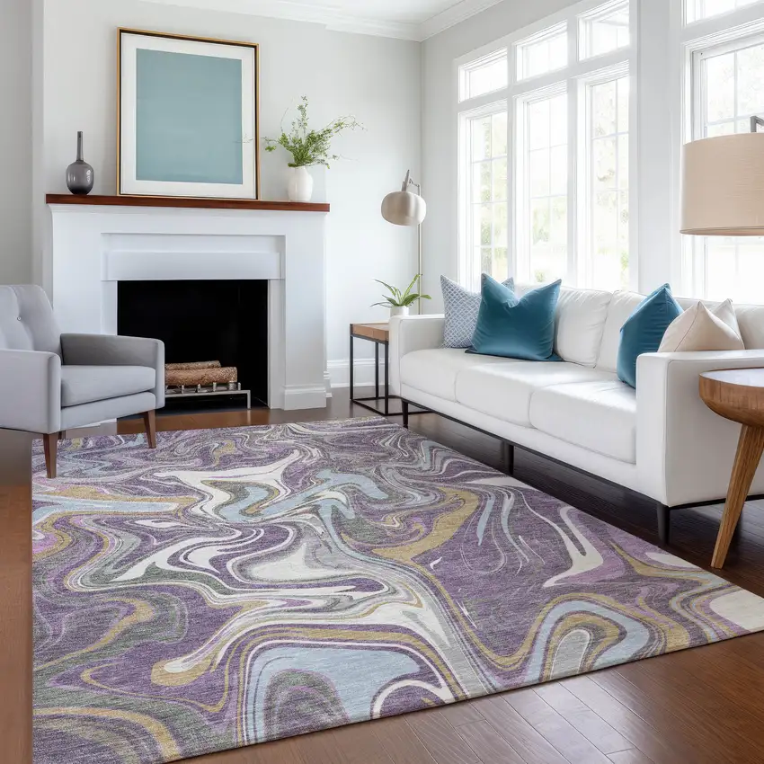 Purple Ivory And Gold Abstract Washable Indoor Outdoor Area Rug Photo 6