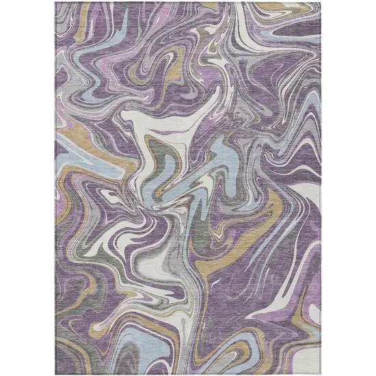 Purple Ivory And Gold Abstract Washable Indoor Outdoor Area Rug Photo 1