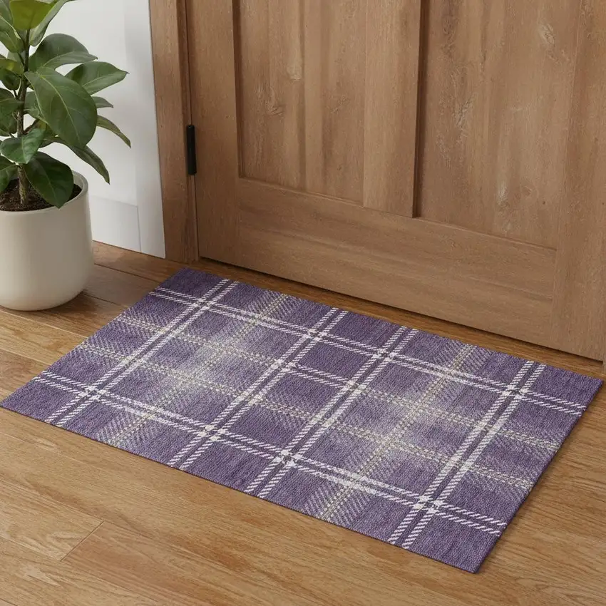 Purple Ivory And Gold Plaid Washable Area Rug With UV Protection Photo 1