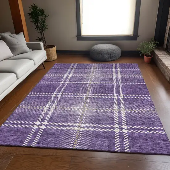 Purple Ivory And Gold Plaid Washable Area Rug With UV Protection Photo 5