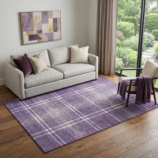 Purple Ivory And Gold Plaid Washable Area Rug With UV Protection Photo 1