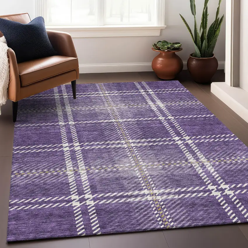 Purple Ivory And Gold Plaid Washable Area Rug With UV Protection Photo 4