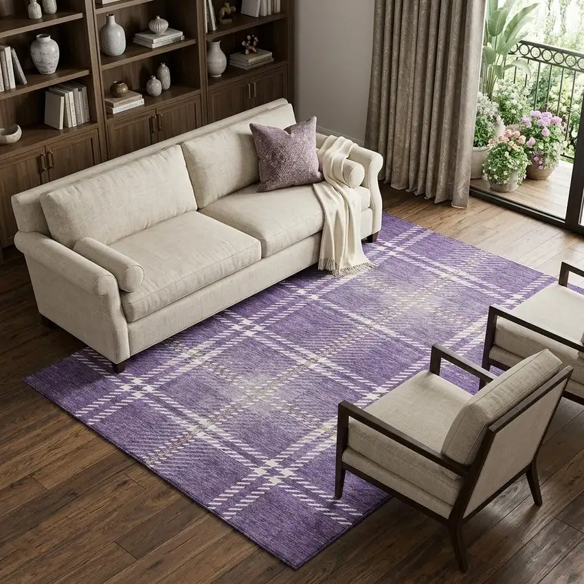 Purple Ivory And Gold Plaid Washable Area Rug With UV Protection Photo 1