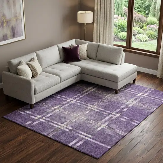 Purple Ivory And Gold Plaid Washable Area Rug With UV Protection Photo 1