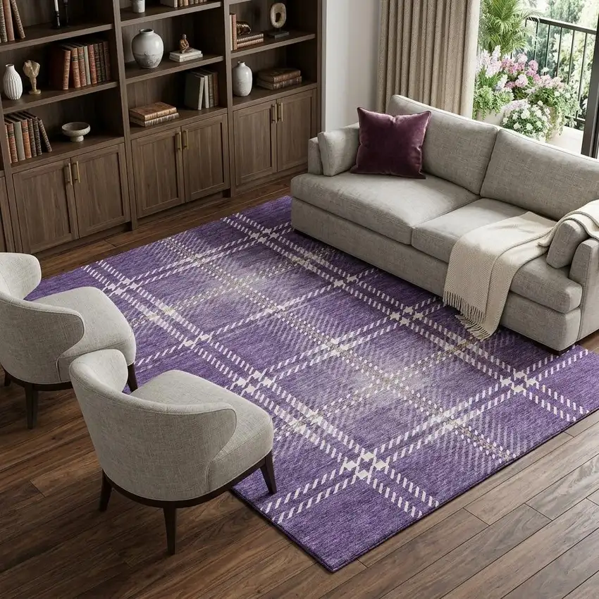 Purple Ivory And Gold Plaid Washable Area Rug With UV Protection Photo 1